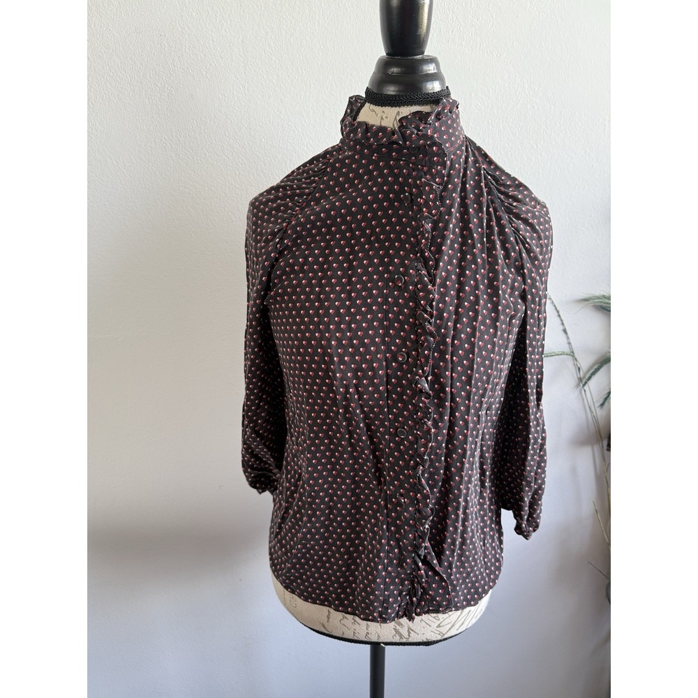 Frame Black Silk Heart Print Grace‎ Ruffle Trim Puffed 3/4  Sleeves Size M